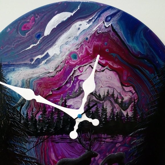 Hand Crafted Deer Silhouette Mountain Clock Original Painting Wall Art Essential - Picture 5 of 10